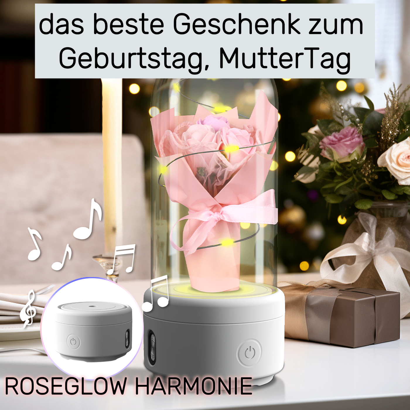 RoseGlow Harmonie: 2-in-1 LED-Licht & Bluetooth-Lautsprecher - Perfektes Muttertagsgeschenk
